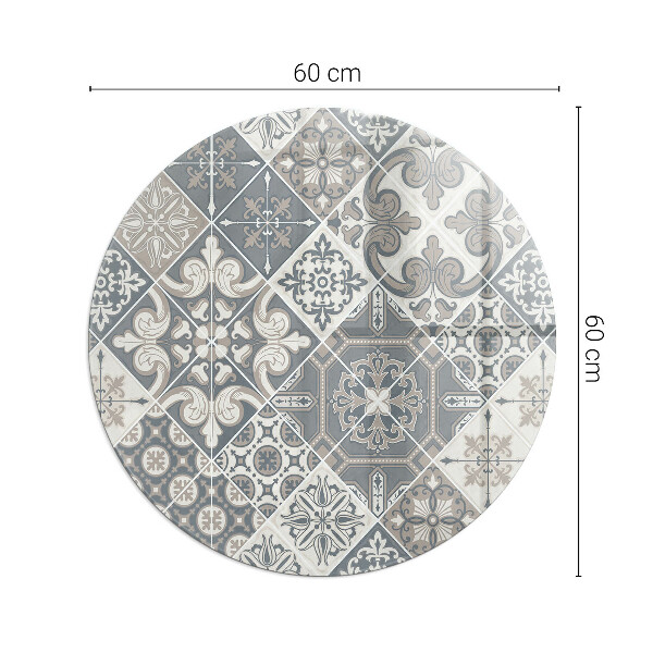 Round glass hearth for log burner Arrangement of mosaic decorations