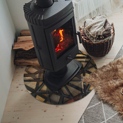 Round glass hearth for log burner Modern shapes with a wooden accent