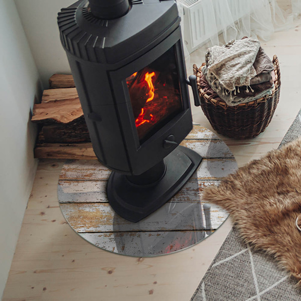 Round tempered glass hearth Rusty wooden board