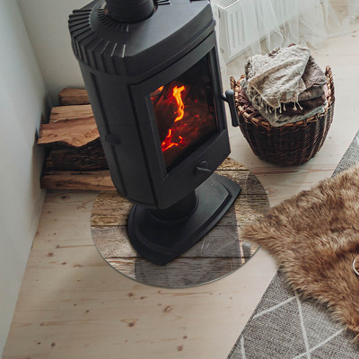 Round glass hearth for log burner Wooden grain in a natural style