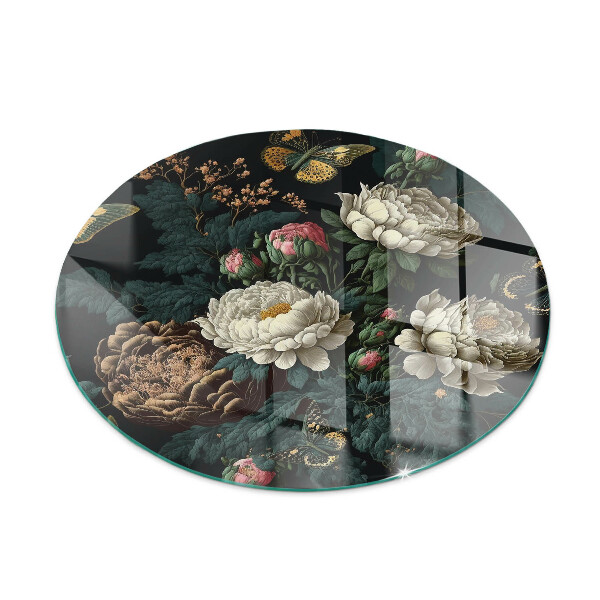 Round glass hearth Floral motif with butterflies