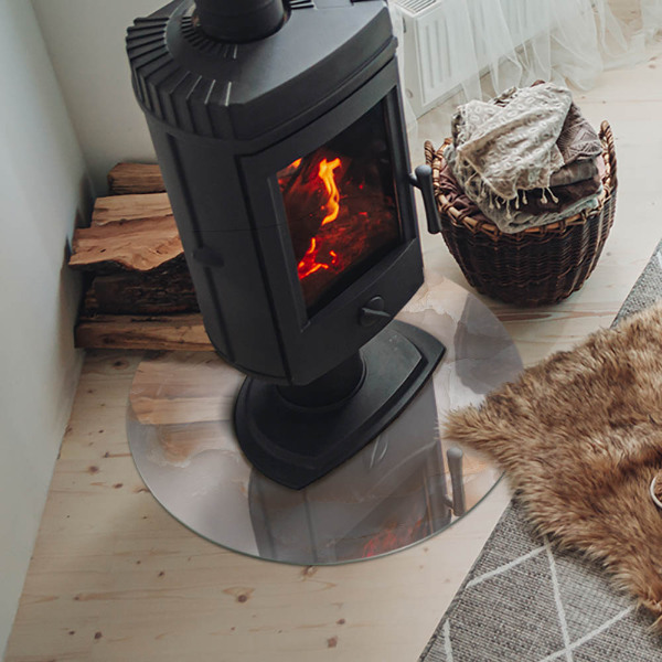 Round glass hearth for log burner Stone organic motif