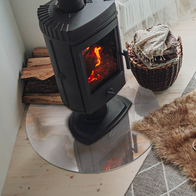Round glass hearth for log burner Stone organic motif