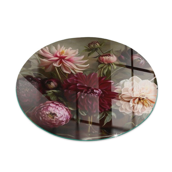 Round tempered glass hearth Floral detail in full bloom