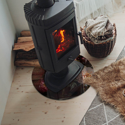 Round tempered glass hearth Floral detail in full bloom