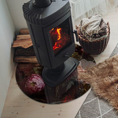 Round tempered glass hearth Floral detail in full bloom