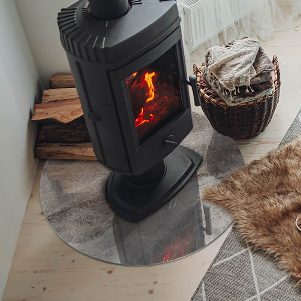 Round tempered glass hearth Stone-inspired pattern