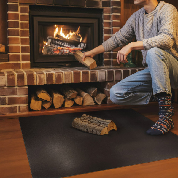 Rectangular hearth pad for fireplace in industrial metal finish
