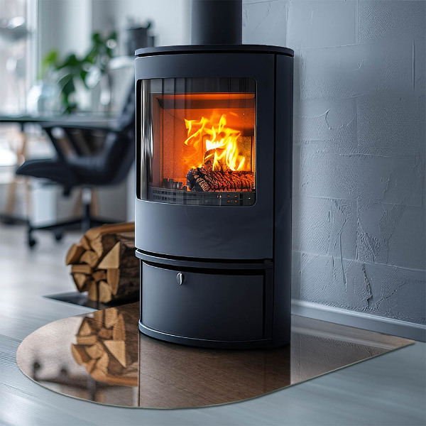 Semi oval glass hearth for stove Wood-inspired pattern