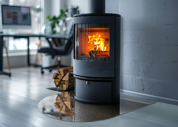 Half round glass hearth Perforated steel motif