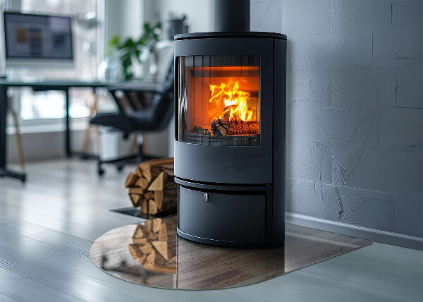Semi oval glass hearth for stove Wooden pattern in a geometric arrangement