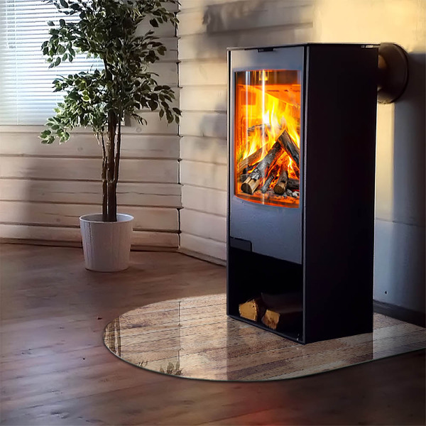 Semi oval glass hearth for stove Wooden pattern in a geometric arrangement