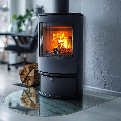 Semi oval glass hearth for stove Rustic boards in a natural style