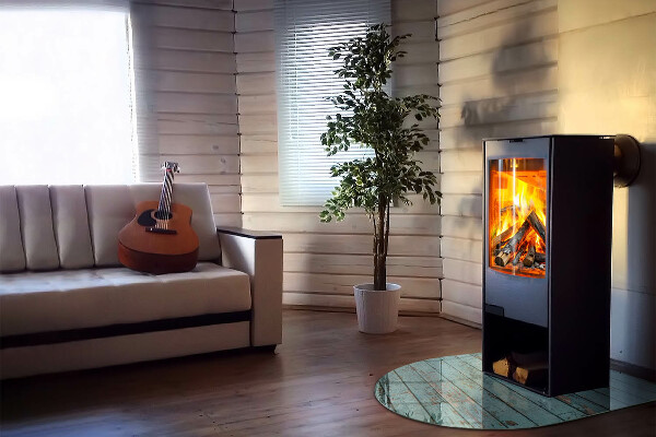 Semi oval glass hearth for stove Rustic boards in a natural style