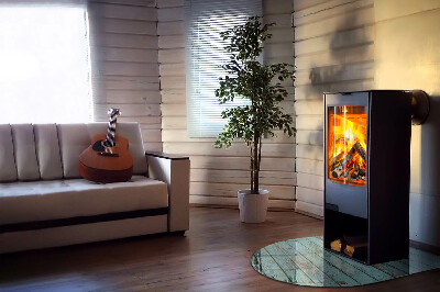Semi oval glass hearth for stove Rustic boards in a natural style