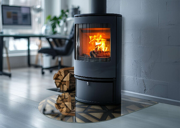 Semi oval glass hearth for stove Modern shapes with a wooden accent