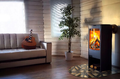 Semi oval glass hearth for stove Modern shapes with a wooden accent