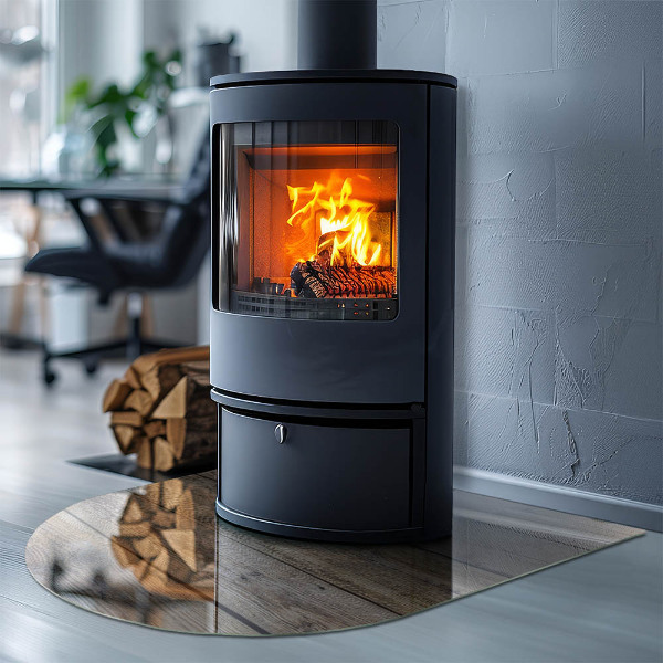 Semi oval glass hearth for stove Wooden grain in a natural style