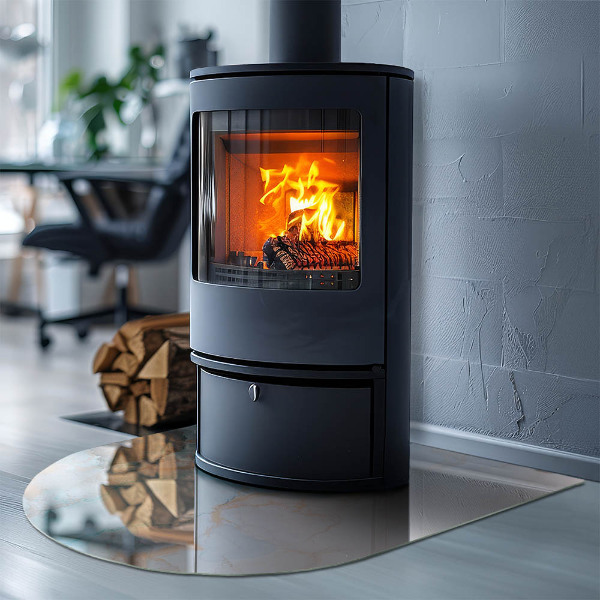 Half round tempered glass hearth Fluid abstract motif