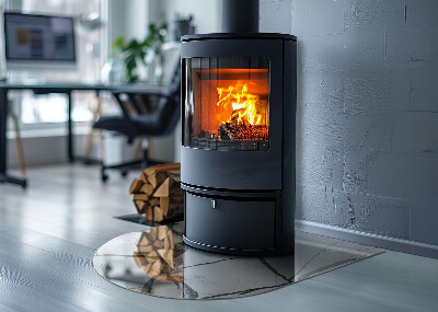 Semi oval glass hearth for stove Marble veins in an elegant style