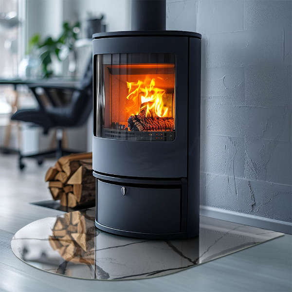 Semi oval glass hearth for stove Marble veins in an elegant style