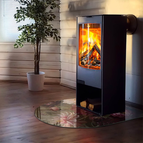 Half round tempered glass hearth Floral detail in full bloom