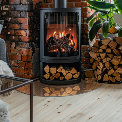 Corner glass hearth for wood burner Wood-inspired pattern