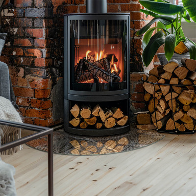 Corner glass hearth Perforated steel motif