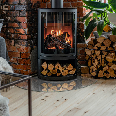 Corner glass hearth for wood burner Raw concrete pattern