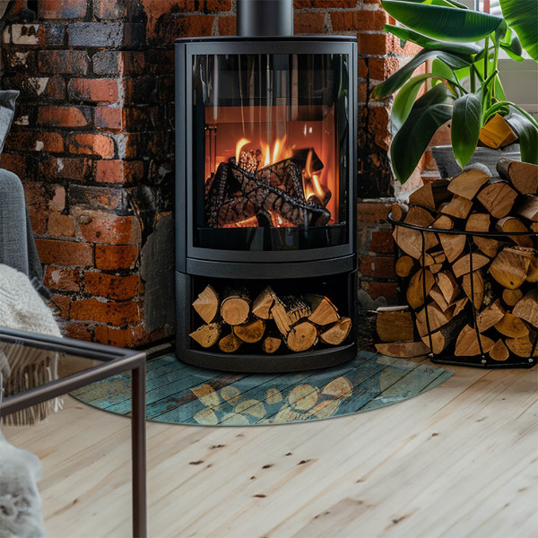 Corner glass hearth for wood burner Rustic boards in a natural style