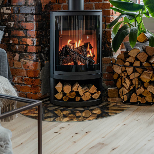 Corner glass hearth for wood burner Modern shapes with a wooden accent