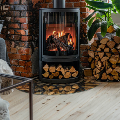 Corner glass hearth for wood burner Modern shapes with a wooden accent