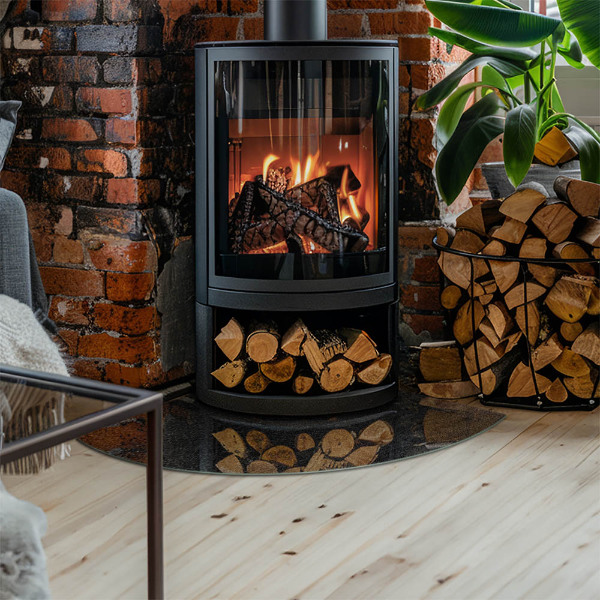 Corner glass hearth for wood burner Stone structure pattern