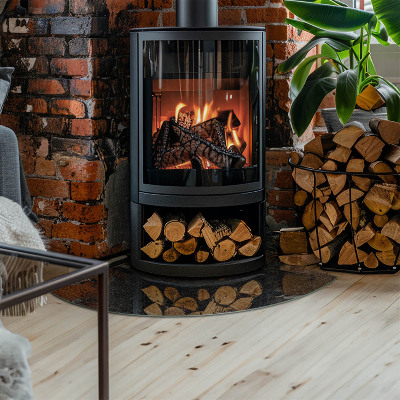 Corner glass hearth for wood burner Stone structure pattern