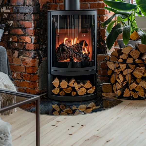 Corner glass hearth Stylish leaves in the structure