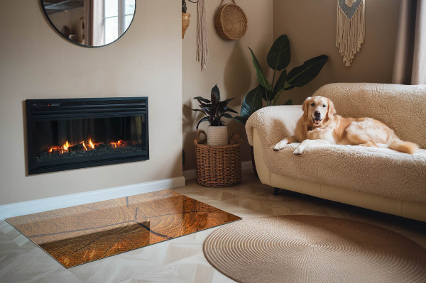 Rectangular glass hearth Wood in cross-section with natural grain