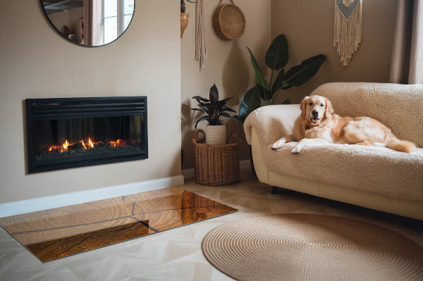 Rectangular glass hearth Wood in cross-section with natural grain