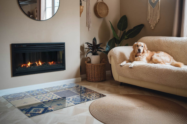 Rectangular glass hearth Ceramic patterns on the background