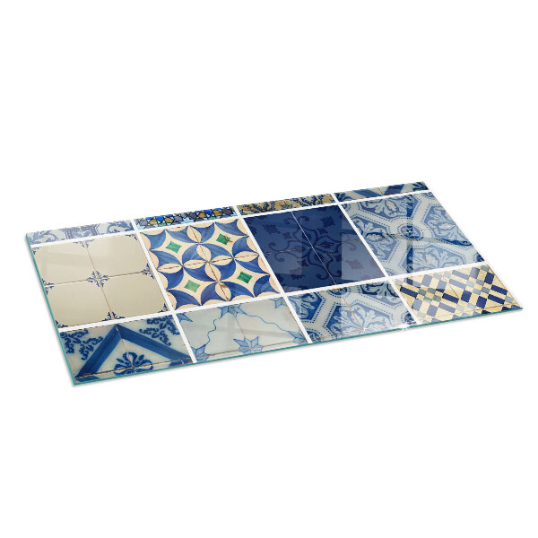 Rectangular glass hearth Ceramic patterns on the background