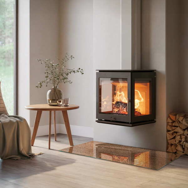 Rectangular glass hearth for wood stove Wood-inspired pattern