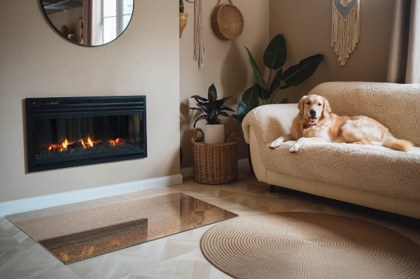 Rectangular glass hearth for wood stove Wood-inspired pattern