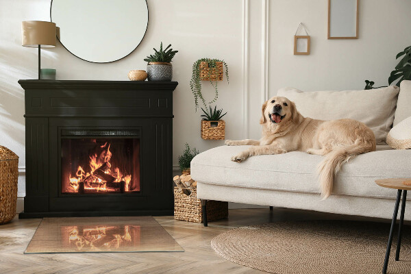 Rectangular glass hearth for wood stove Wood-inspired pattern