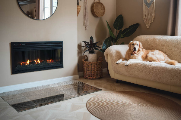 Rectangular glass hearth Perforated steel motif