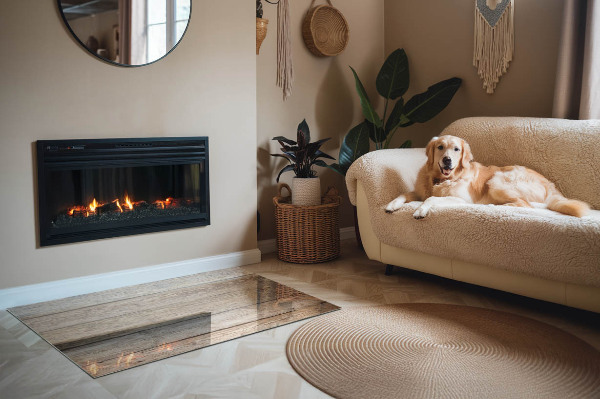 Rectangular glass hearth Wooden mosaic in the layout
