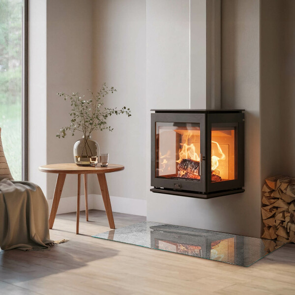 Rectangular glass hearth for wood stove Raw concrete pattern