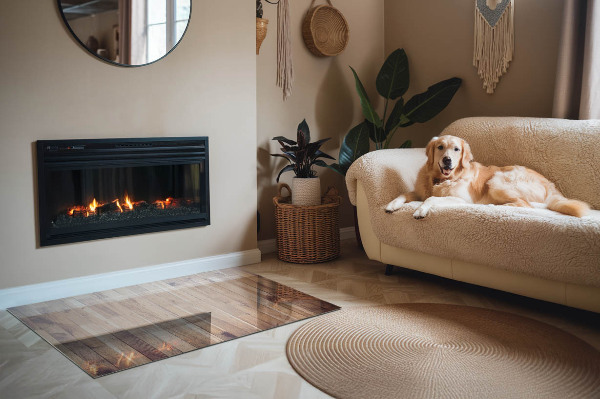 Rectangular glass hearth for wood stove Wooden pattern in a geometric arrangement