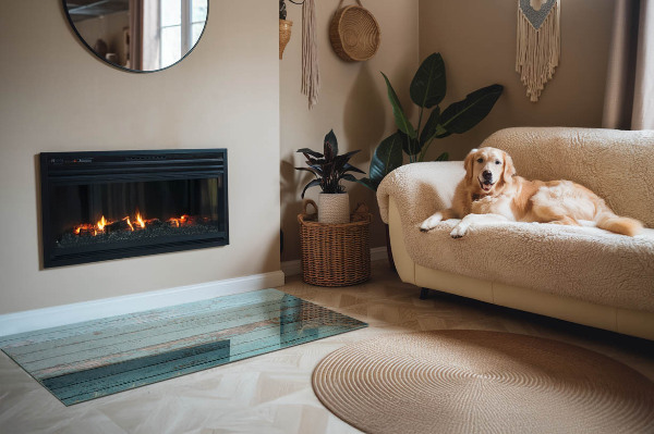 Rectangular glass hearth for wood stove Rustic boards in a natural style