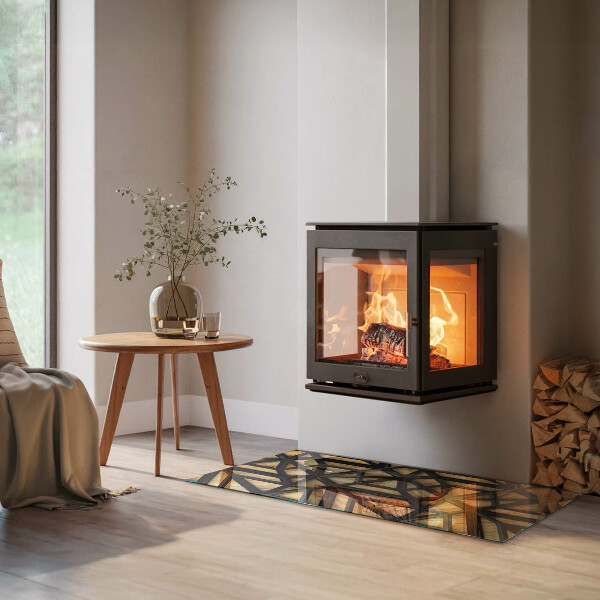 Rectangular glass hearth for wood stove Modern shapes with a wooden accent