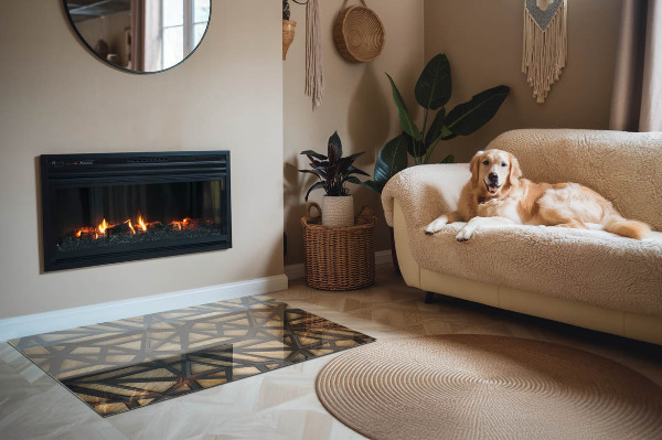 Rectangular glass hearth for wood stove Modern shapes with a wooden accent