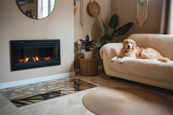 Rectangular glass hearth for wood stove Modern shapes with a wooden accent